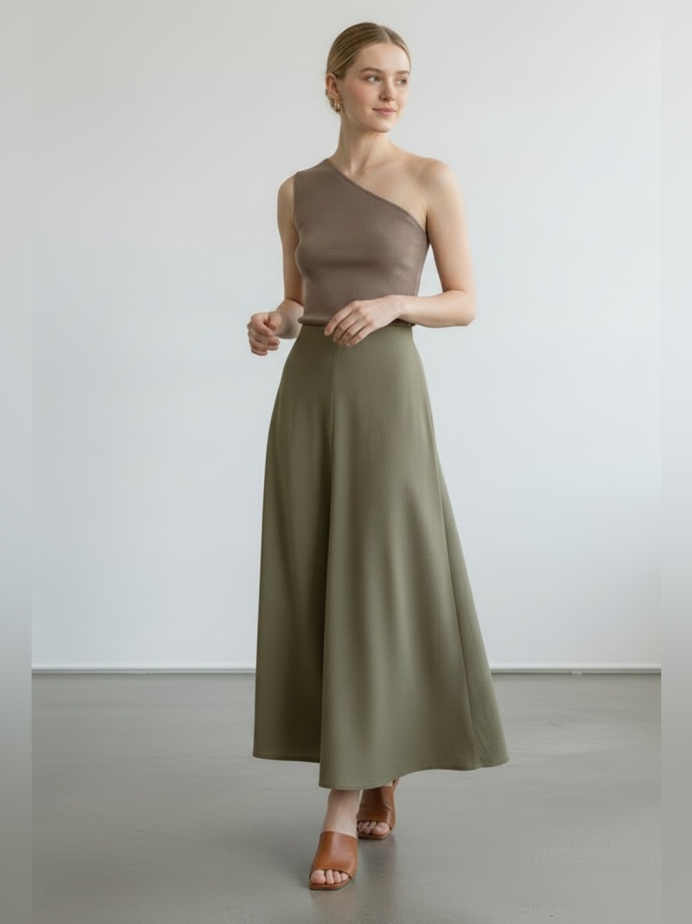 1388 • Olive Woven Summer-Weight Bias Cut Stretch Waist Long Flare Skirt